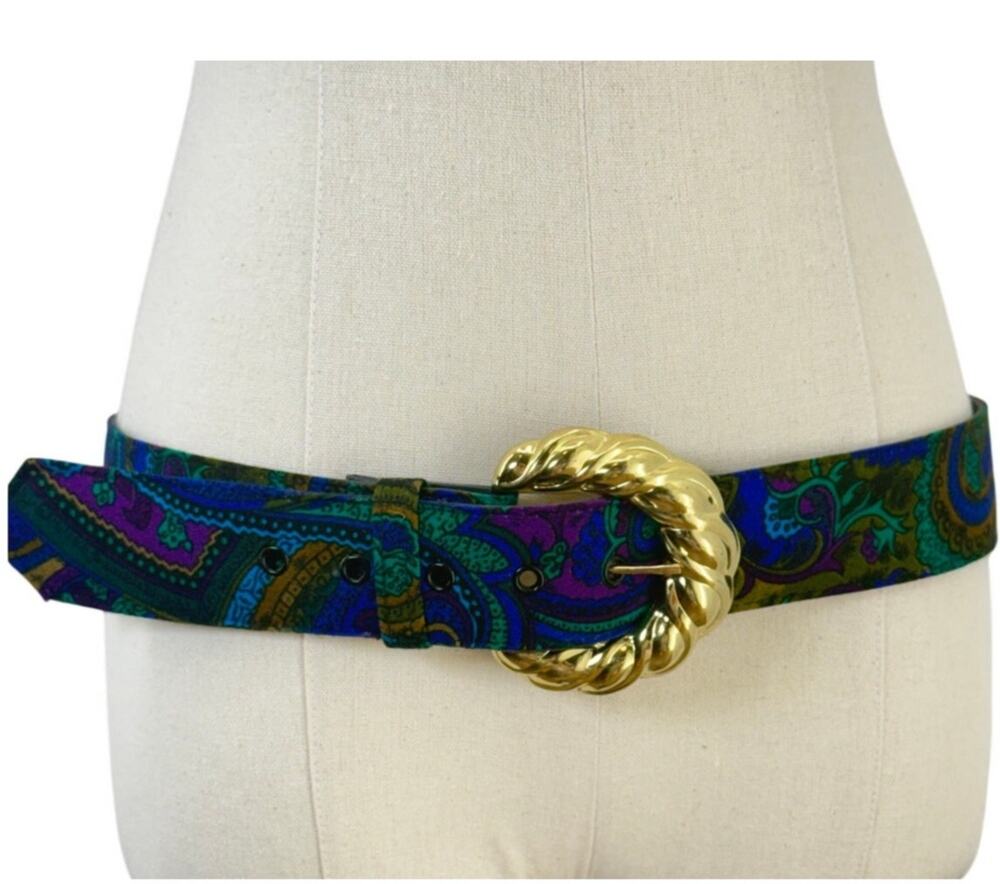 Vintage 90s Paisley Leather Belt Gold Buckle Adjustable Waist 31-35 Boho